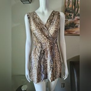 Calvin Klein Snake Print Romper featuring a khaki and multicolor pattern, v-neck